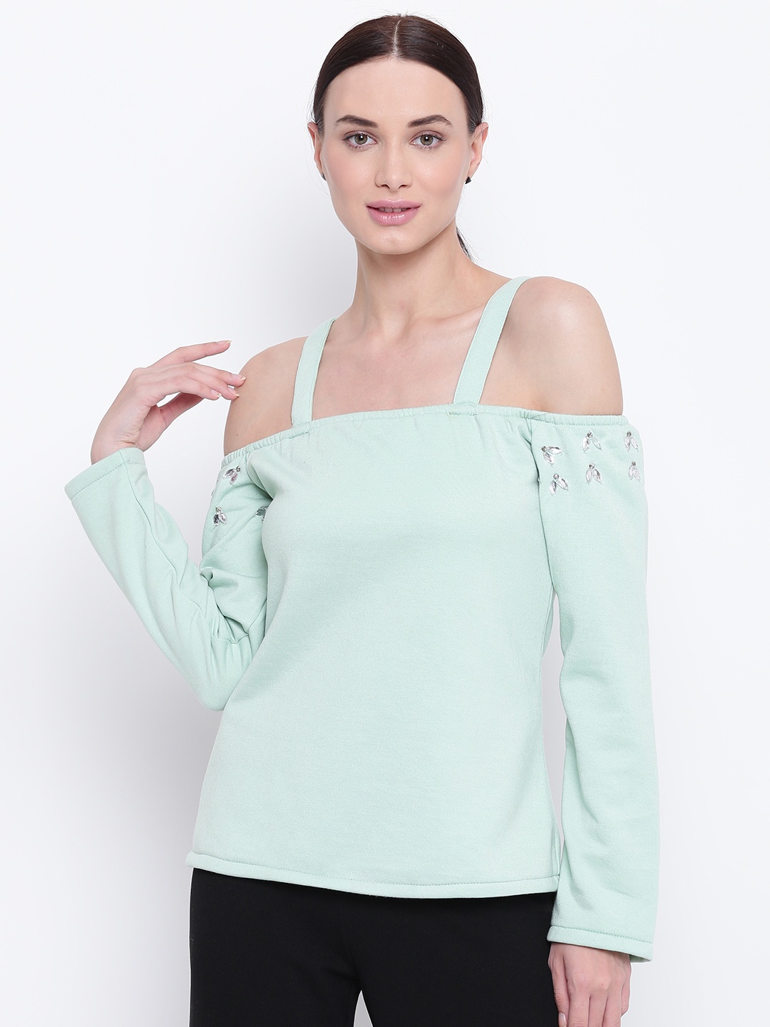 

Belle Fille Women Sea Green Solid Bardot Top