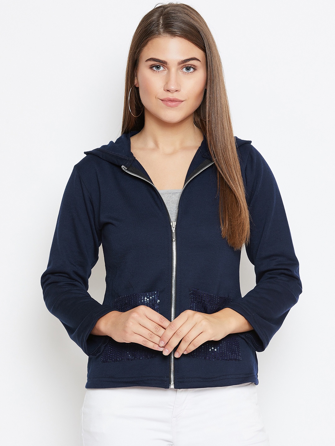 

Belle Fille Women Navy Blue Lightweight Solid Hooded Sweatshirt