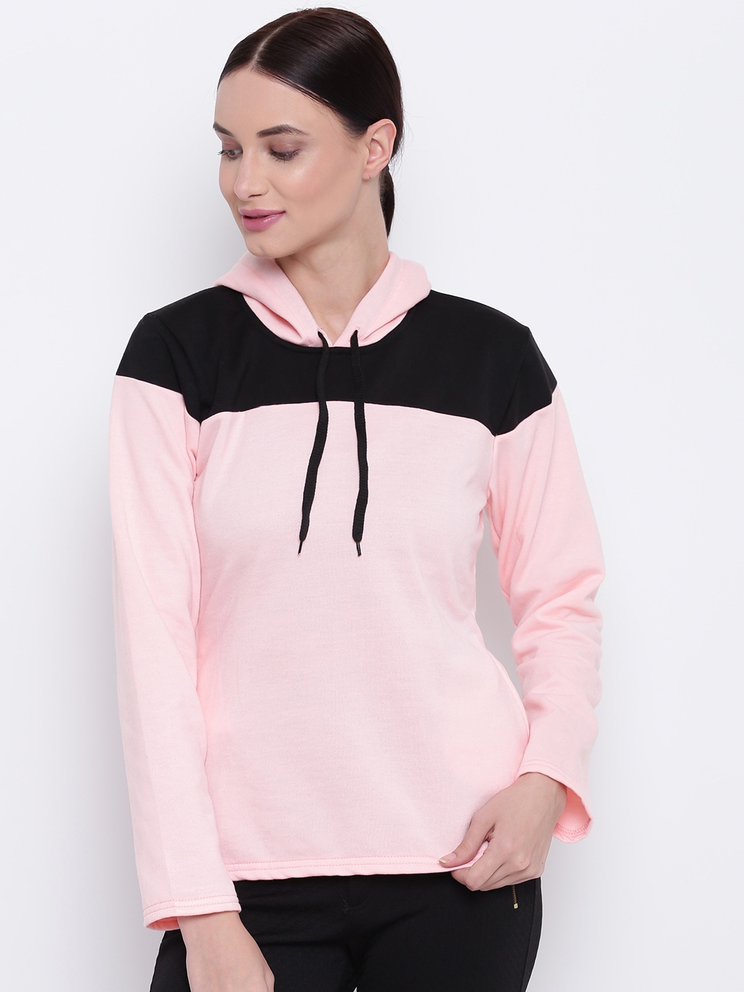 Belle Fille Women Pink & Black Colourblocked Hooded Sweatshirt
