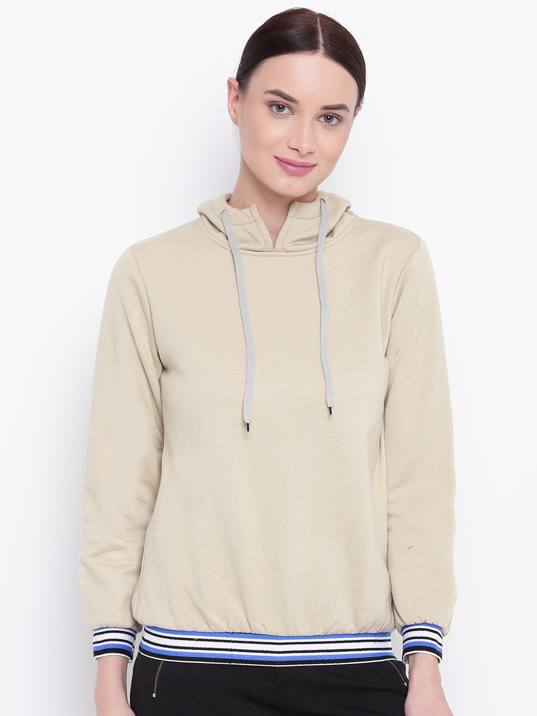 Belle Fille Women Beige Solid Hooded Sweatshirt