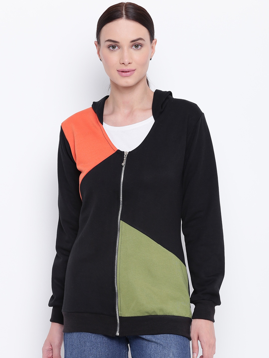 

Belle Fille Women Black & Orange Colourblocked Hooded Sweatshirt