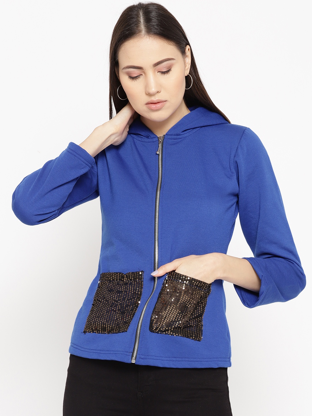 

Belle Fille Women Blue Solid Hooded Sweatshirt