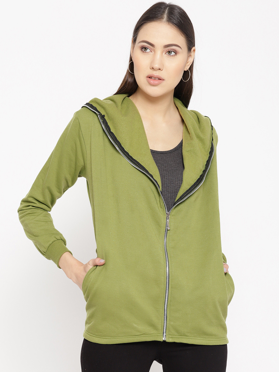 

Belle Fille Women Green Solid Hooded Sweatshirt