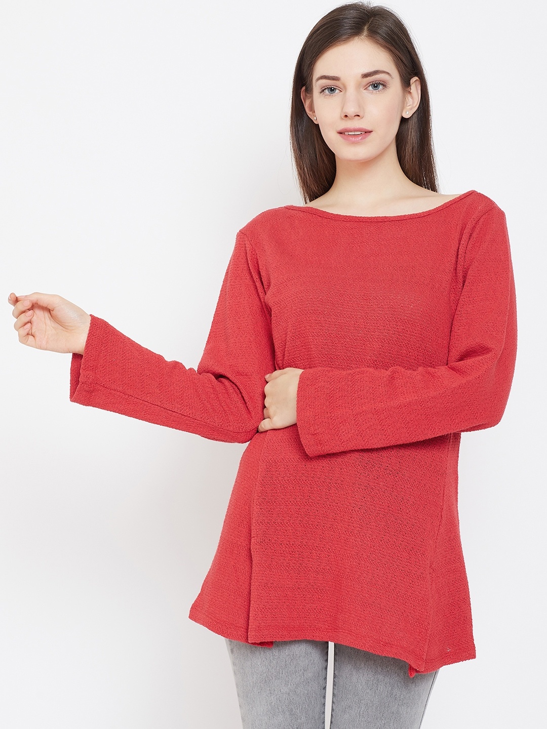 

Belle Fille Women Red Self-Design Winter Pure Cotton Top