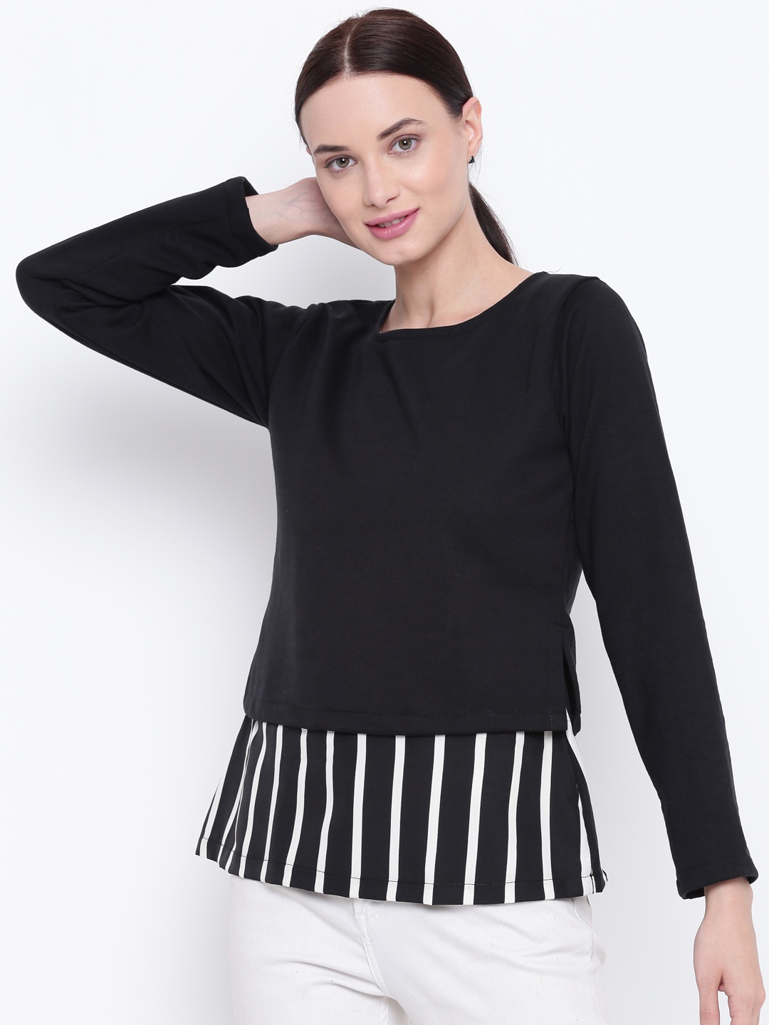 

Belle Fille Women Black & White Solid A-Line Winter Top