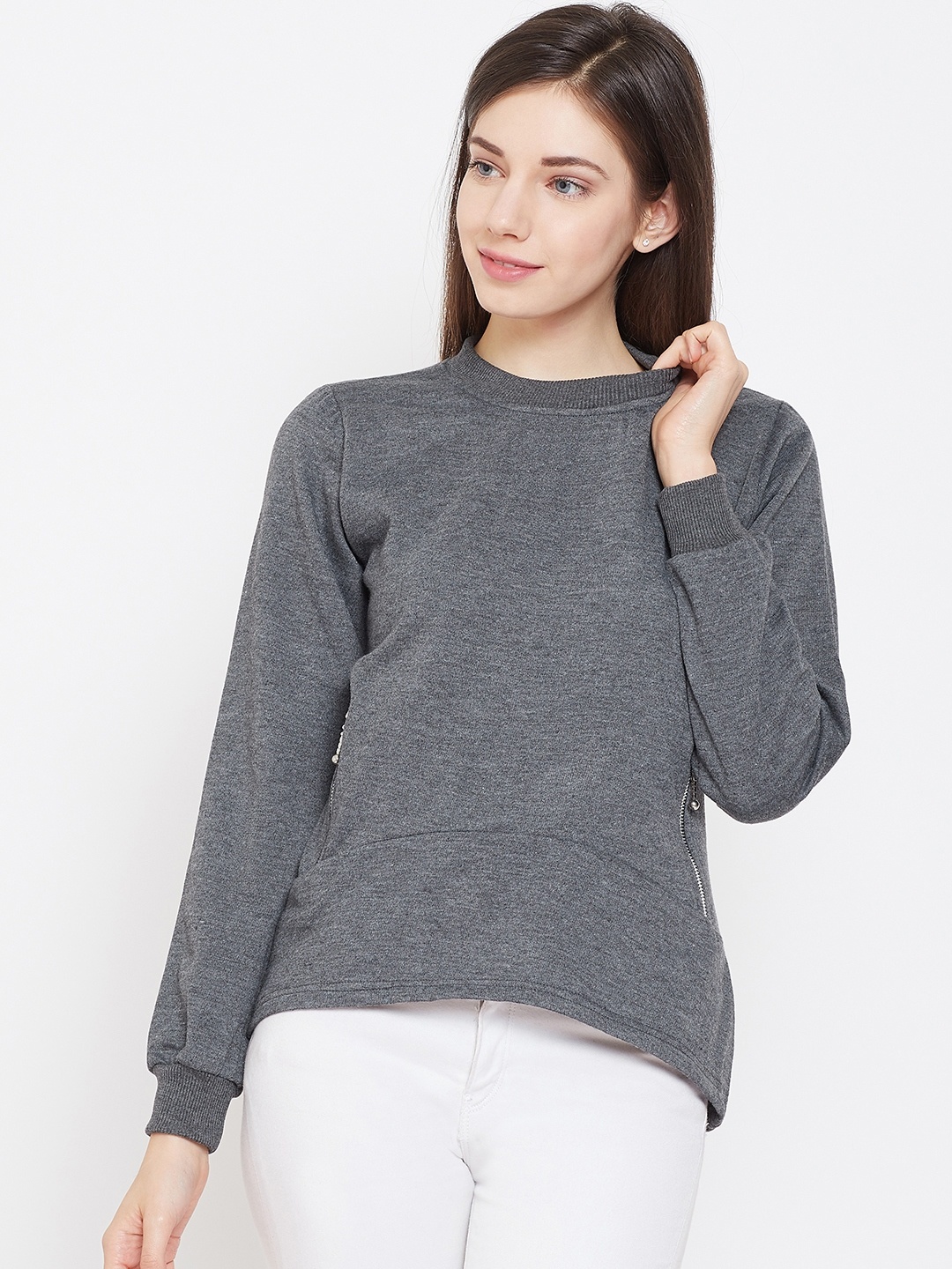 

Belle Fille Women Charcoal Grey Solid Sweatshirt