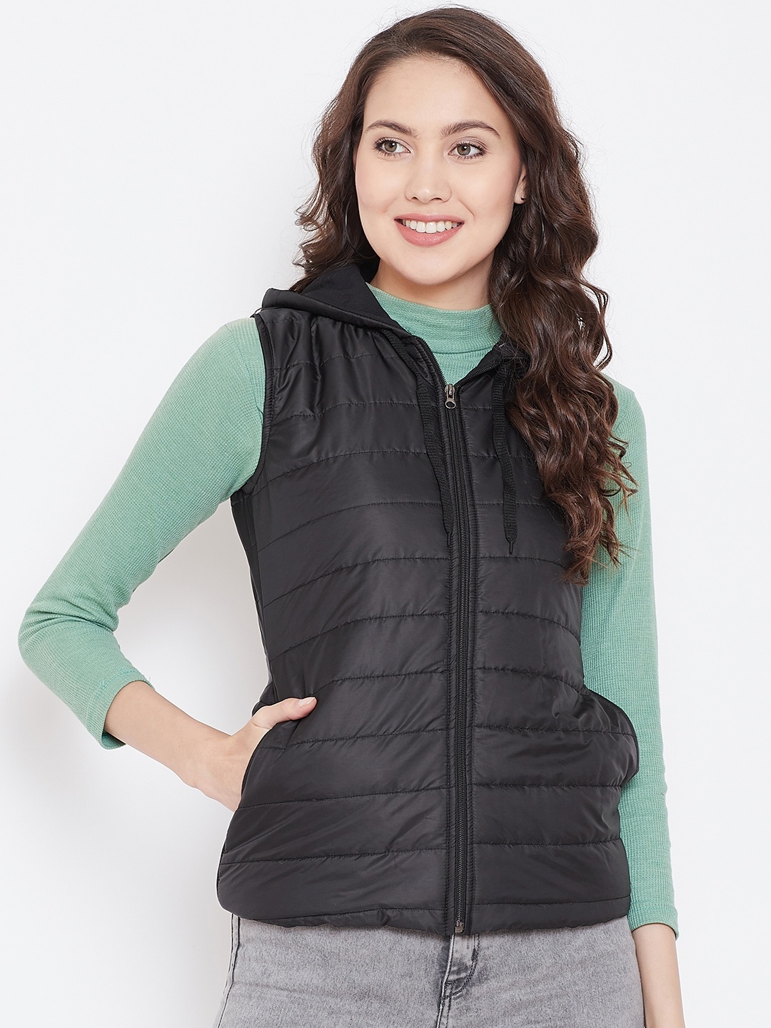 

Belle Fille Women Black Solid Sleeveless Hooded Insulator Padded Jacket