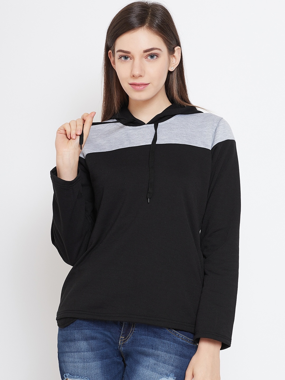 

Belle Fille Women Black & Grey Melange Colourblocked Hooded Sweatshirt