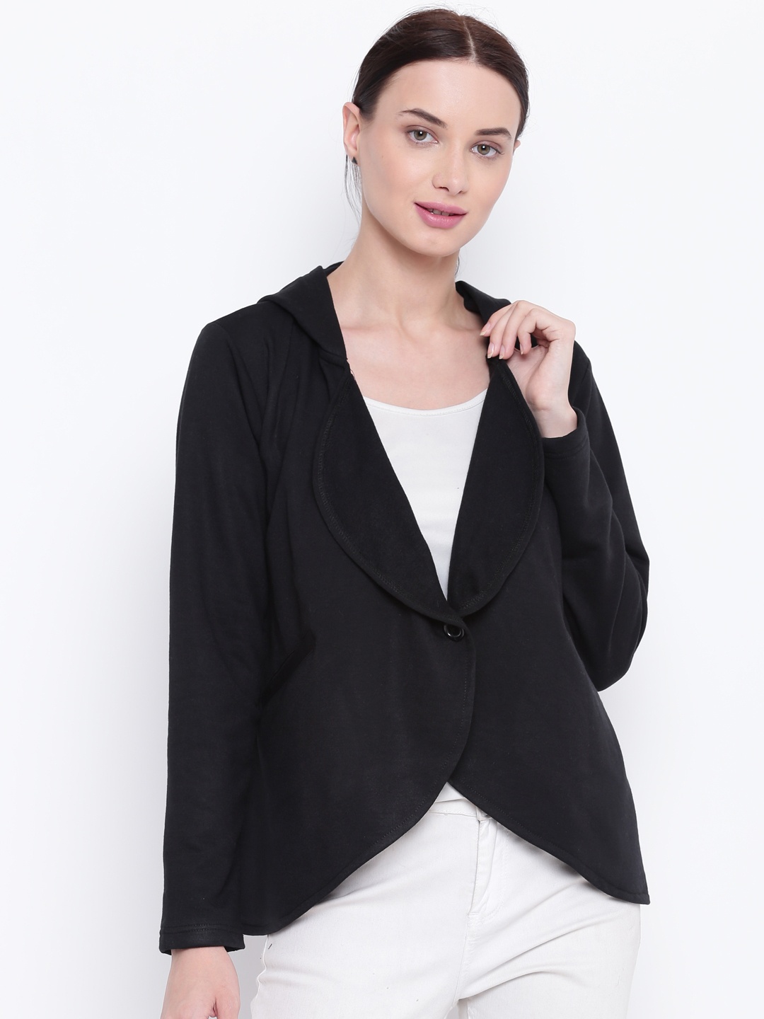 

Belle Fille Women Black Solid Hooded Tailored Jacket