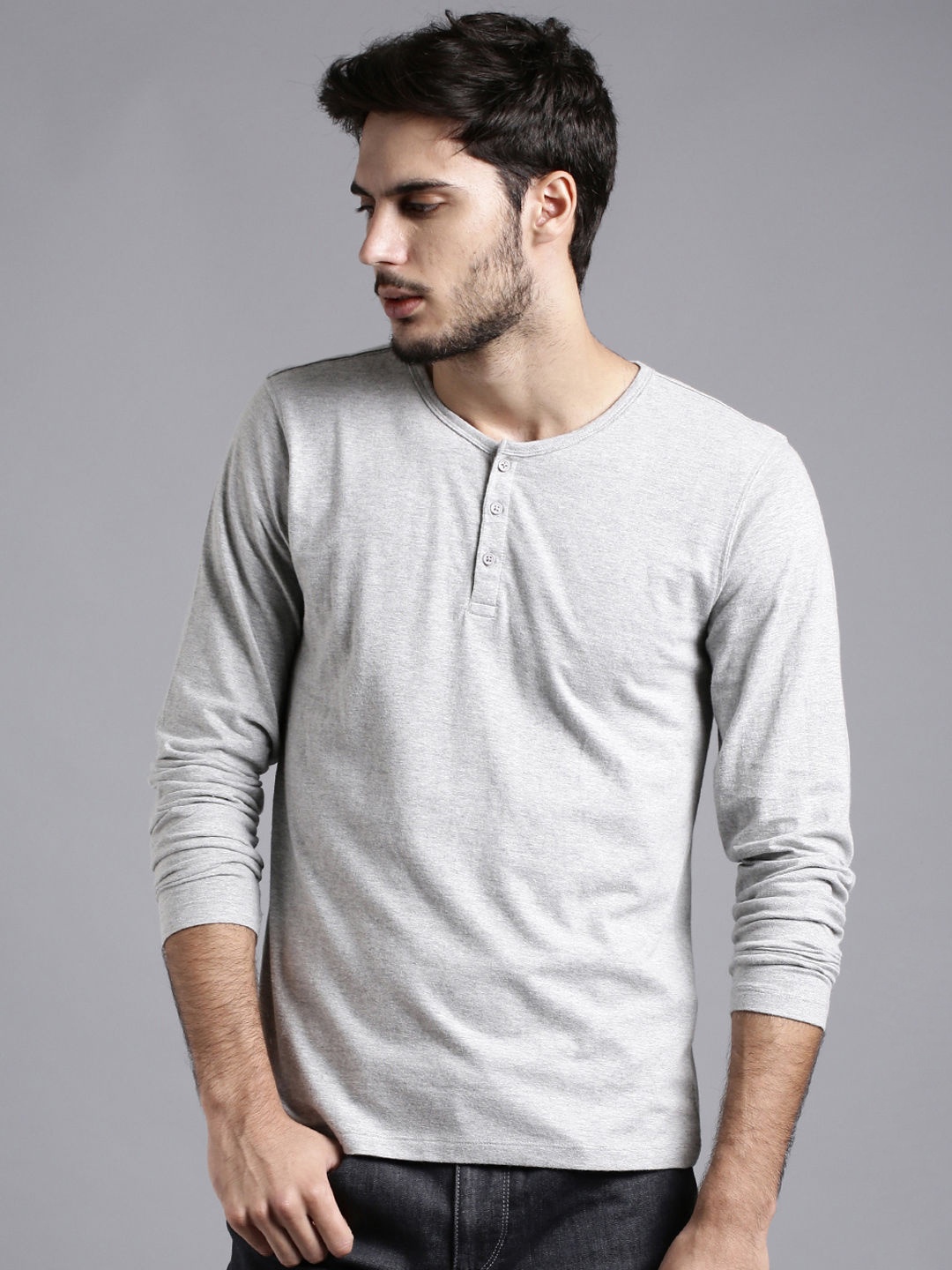 

ETHER Grey Melange Henley Pure Cotton T-shirt