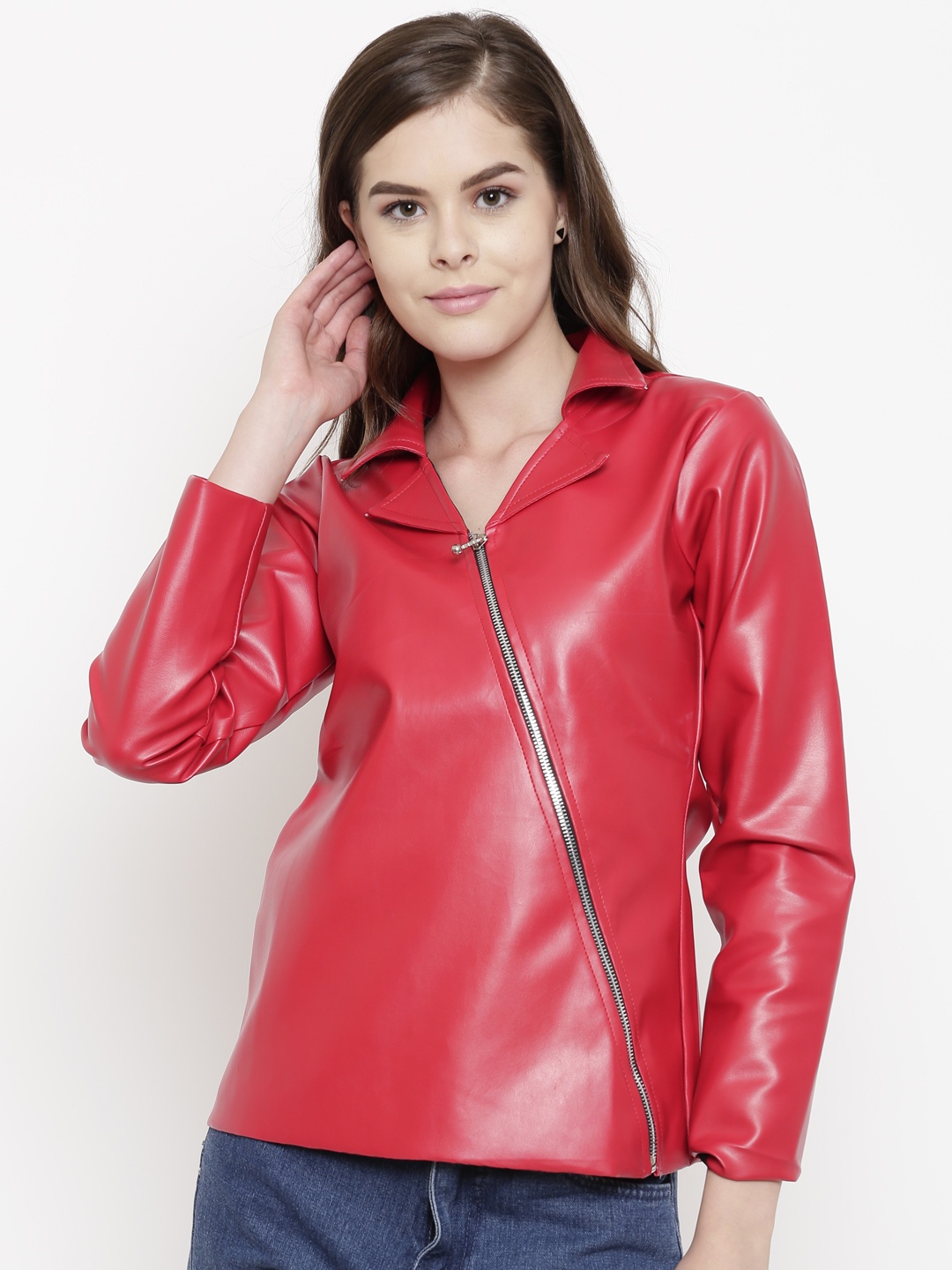 

Belle Fille Women Red Solid Asymmetric Closure Leather Jacket