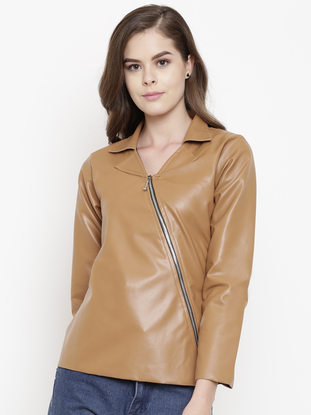 

Belle Fille Women Brown Solid Asymmetric Closure Leather Jacket