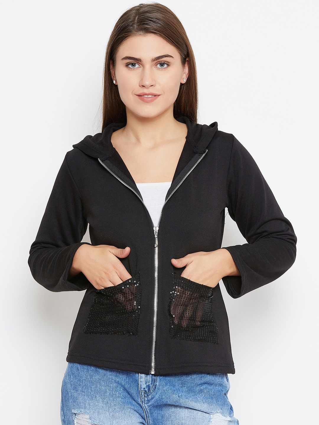 

Belle Fille Women Black Solid Hooded Sweatshirt