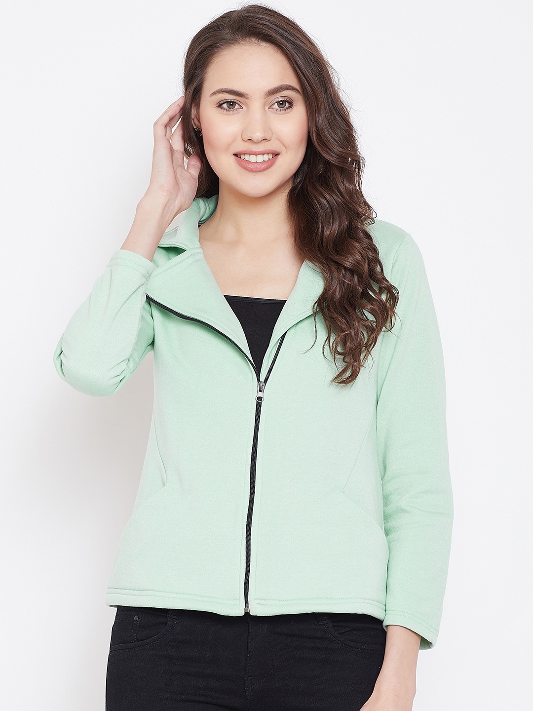 

Belle Fille Women Sea Green Solid Asymmetric Closure Tailored Jacket