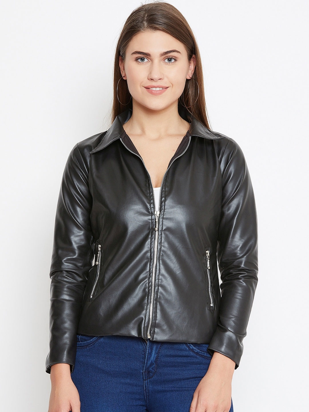 

Belle Fille Women Black Solid Leather Jacket