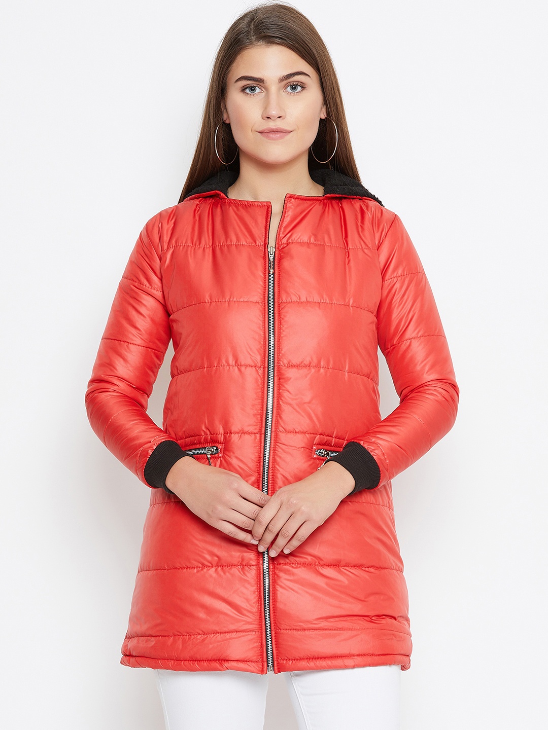 

Belle Fille Women Red Solid Hooded Longline Padded Insulator Jacket