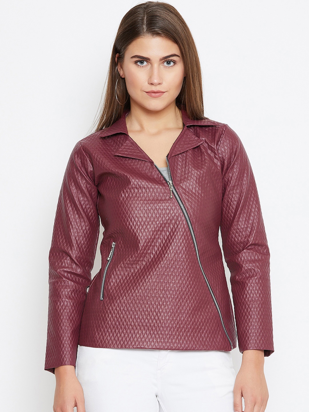 

Belle Fille Women Burgundy Asymmetric Closure Quilted Leather Jacket