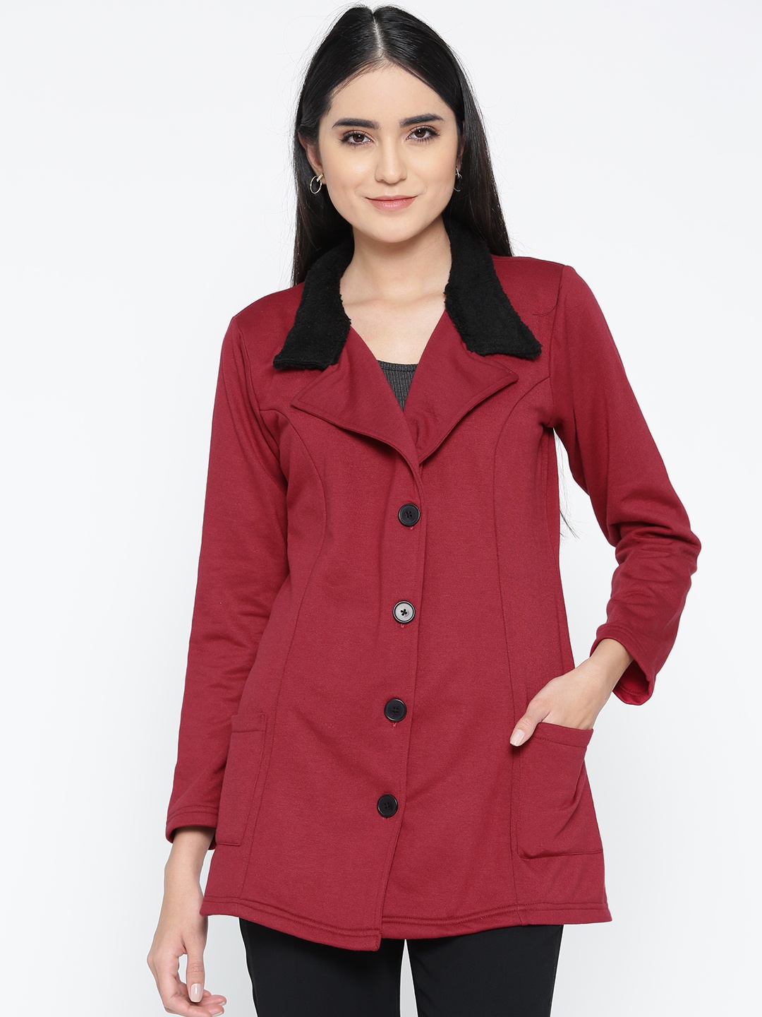 

Belle Fille Women Maroon Solid Longline Tailored Jacket