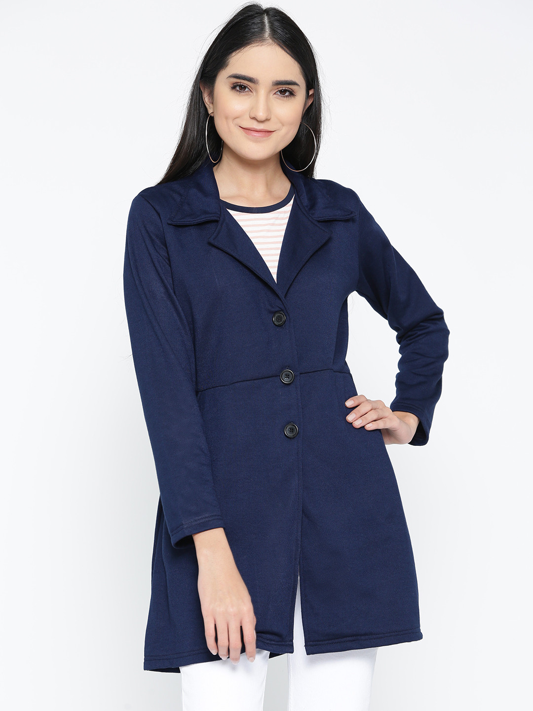 

Belle Fille Women Navy Blue Solid Longline Tailored Jacket