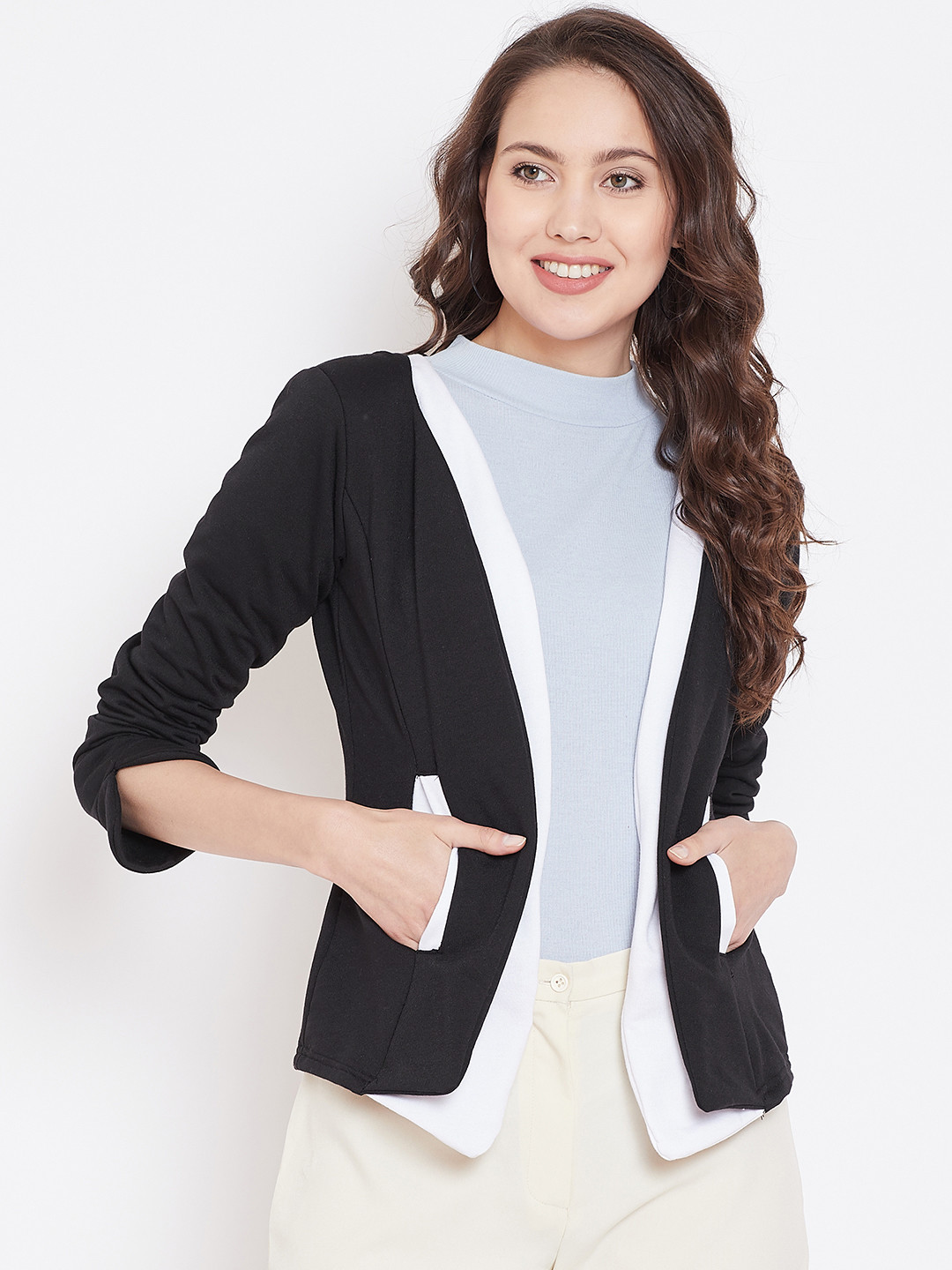 

Belle Fille Women Black & White Solid Open-Front Jacket
