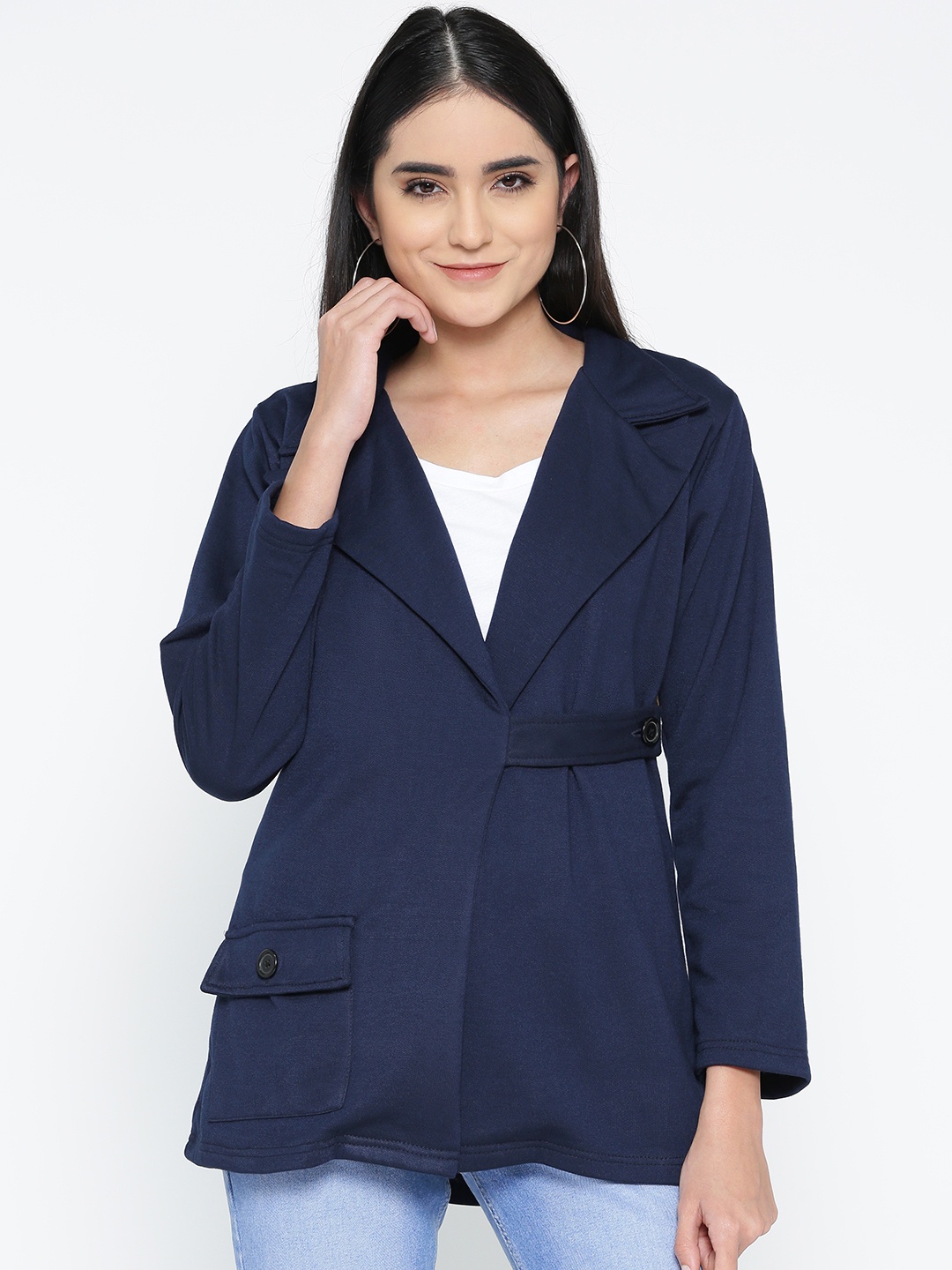 

Belle Fille Women Navy Blue Solid Tailored Jacket