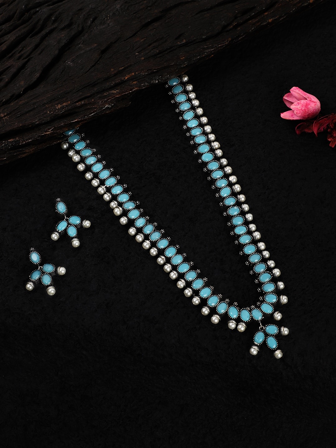 

Rubans Oxidised Silver & Turquoise Blue Stone-Studded Jewellery Set