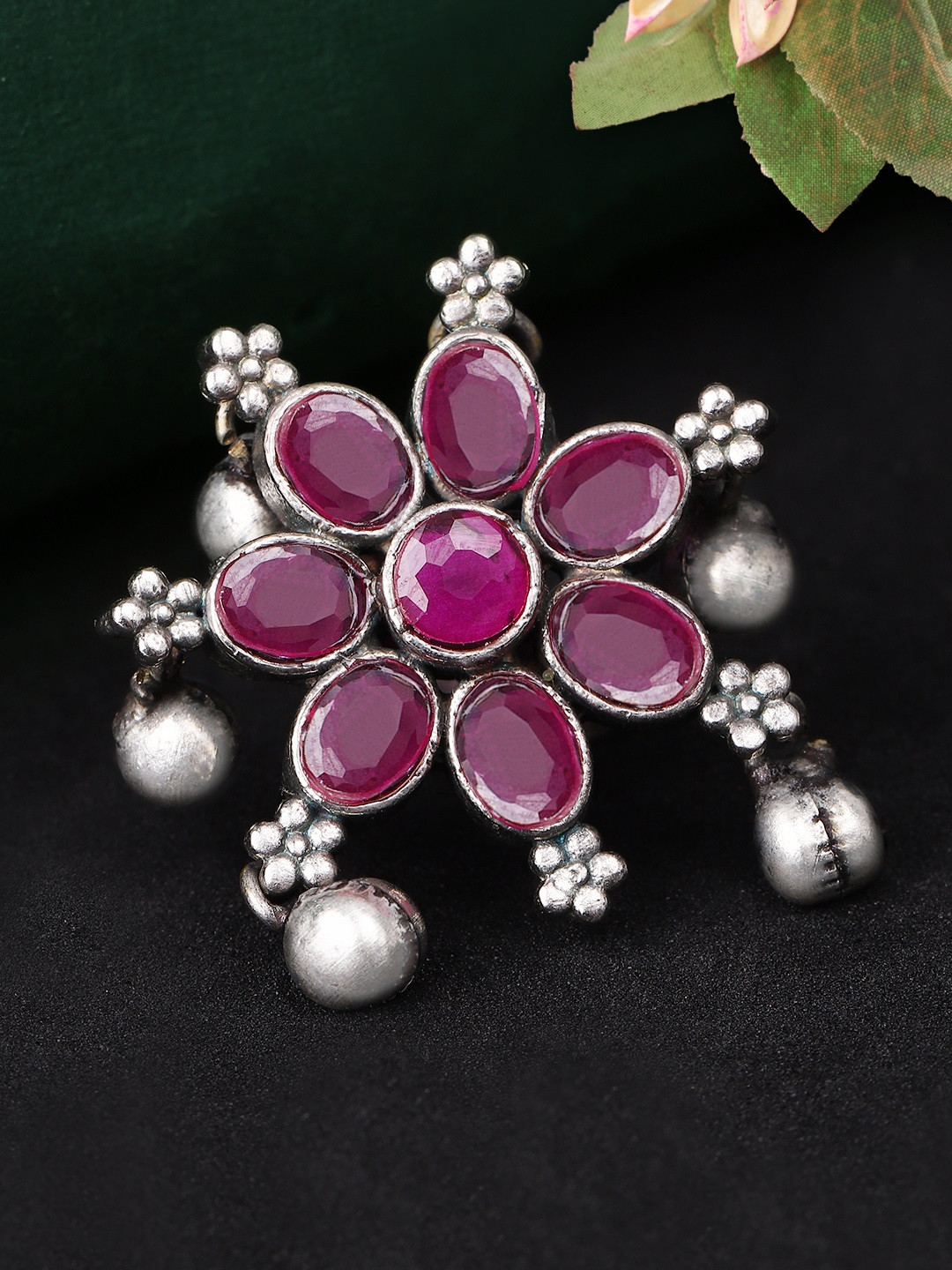 

Rubans Silver & Pink Stone-Studded Handcrafted Adjustable Ring
