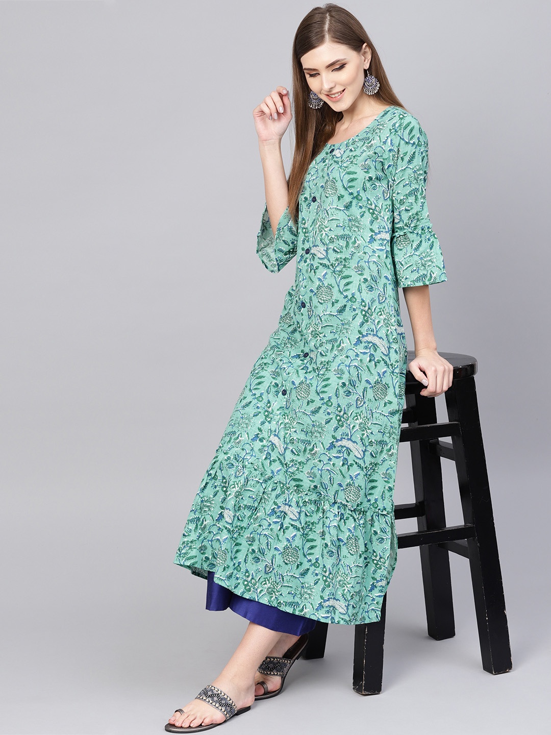 

Yuris Women Green & Blue Printed A-Line Kurta