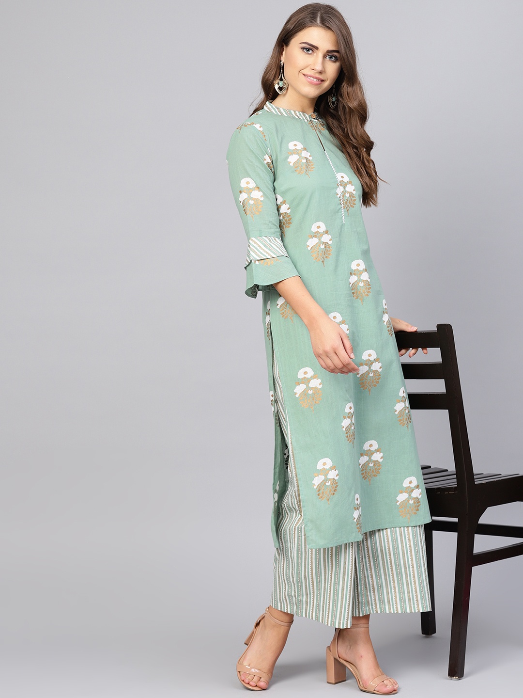 

Yuris Women Sea Green Printed Kurta with Palazzos