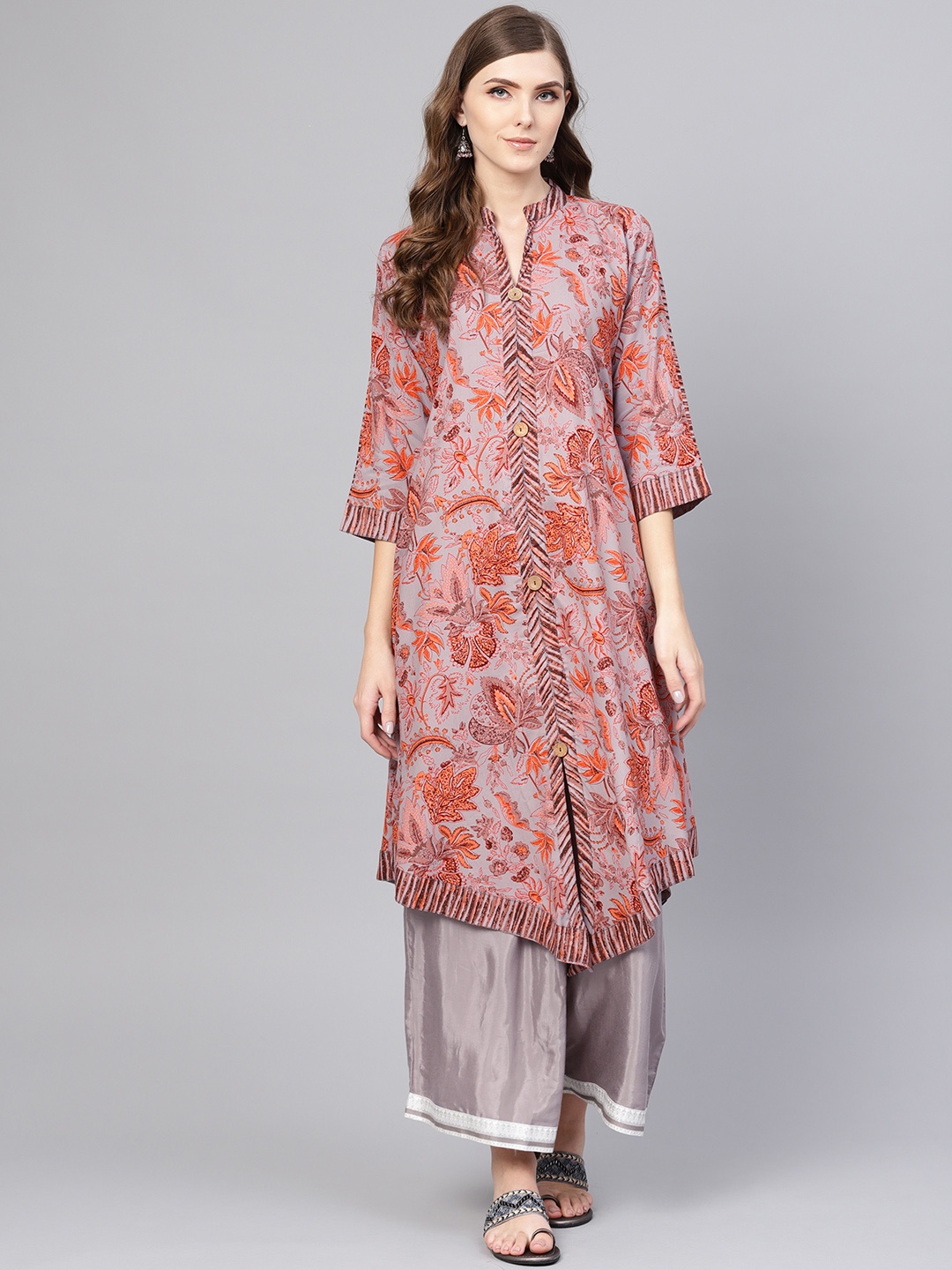 

Yuris Women Grey & Orange Floral Print A-Line Asymmetric Kurta