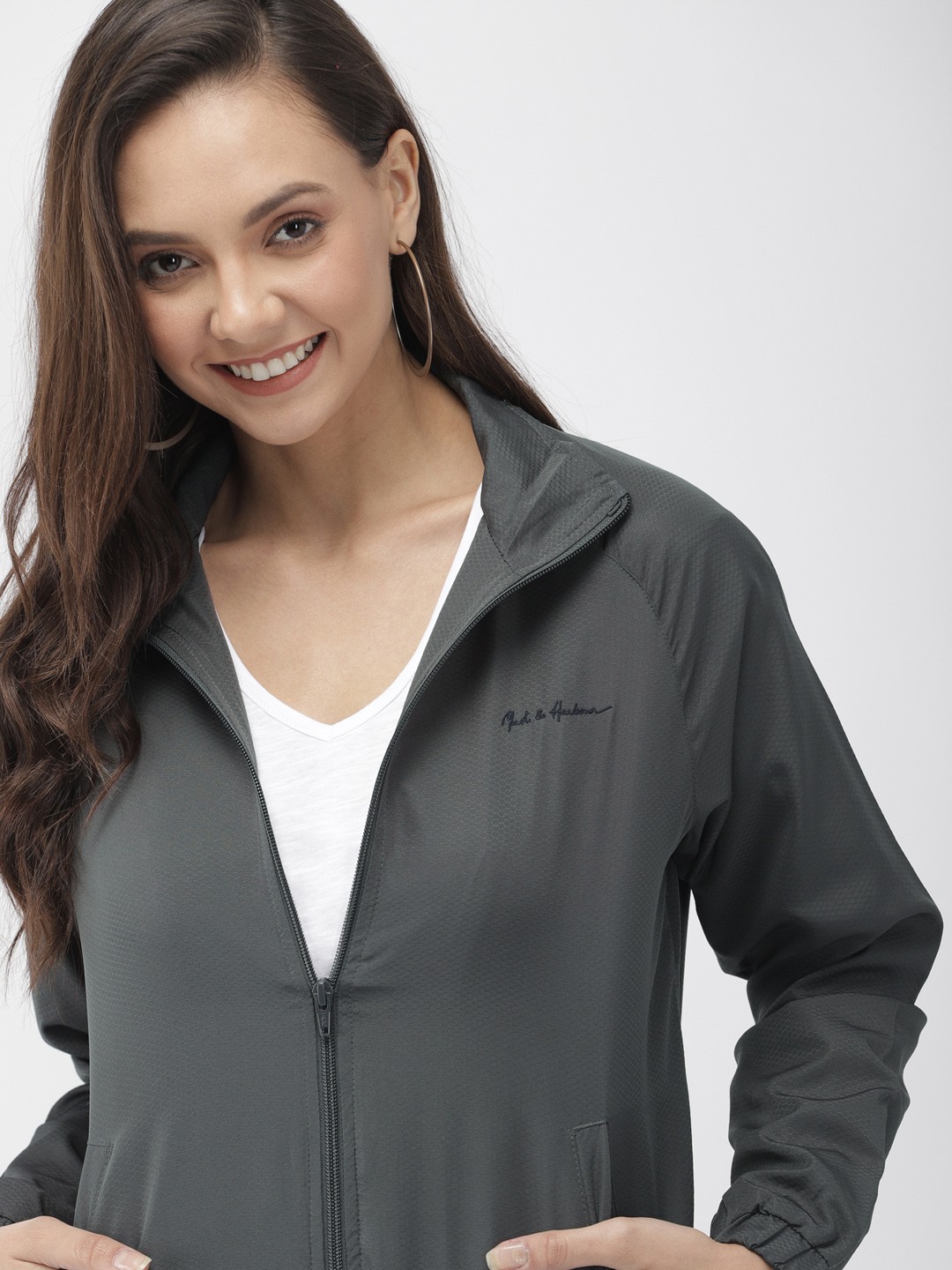 

Mast & Harbour Women Charcoal Grey Self Design Lightweight Bomber Jacket