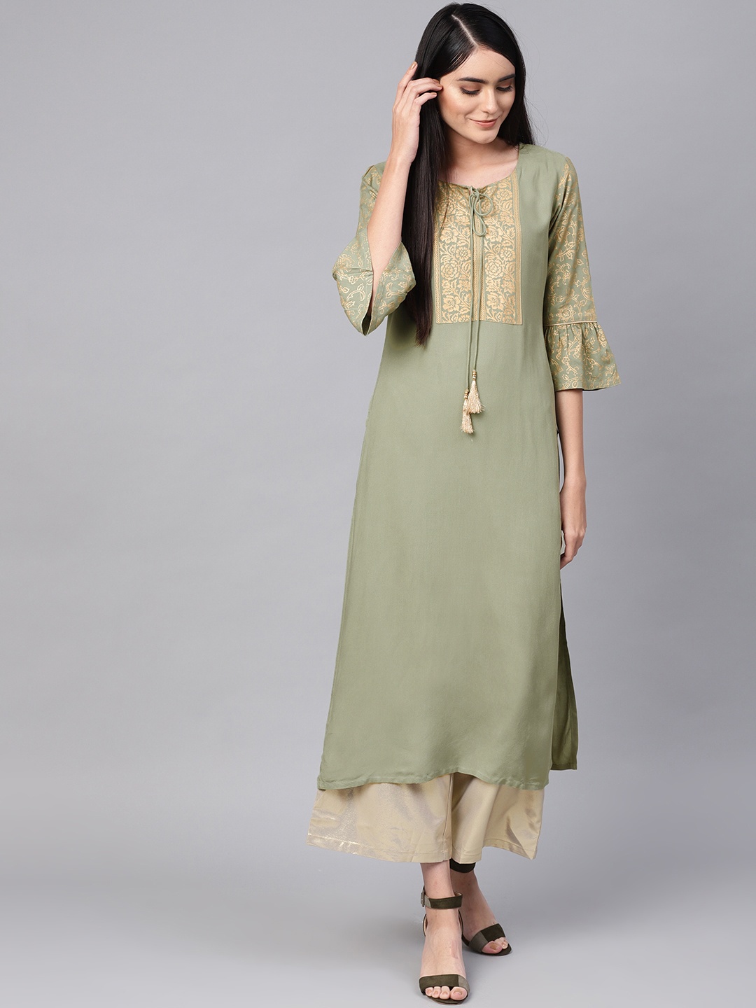 

Varanga Women Sea Green & Golden Floral Print Yoke Design Straight Kurta