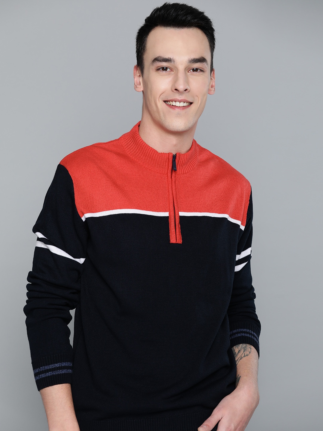 

Mast & Harbour Men Navy Blue & Coral Pink Colourblocked Sweater