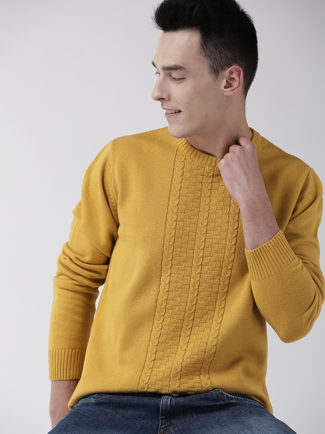 

Mast & Harbour Men Mustard Yellow Cable Knit Sweater
