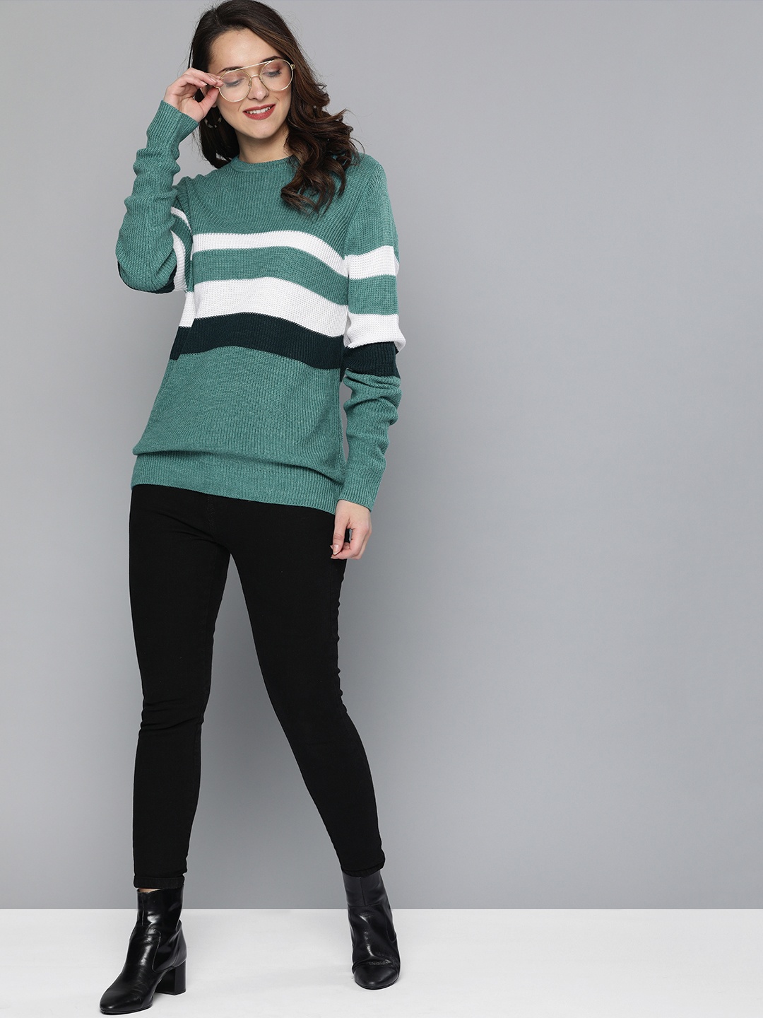 

Mast & Harbour Women Teal Green & White Striped Pullover Sweater