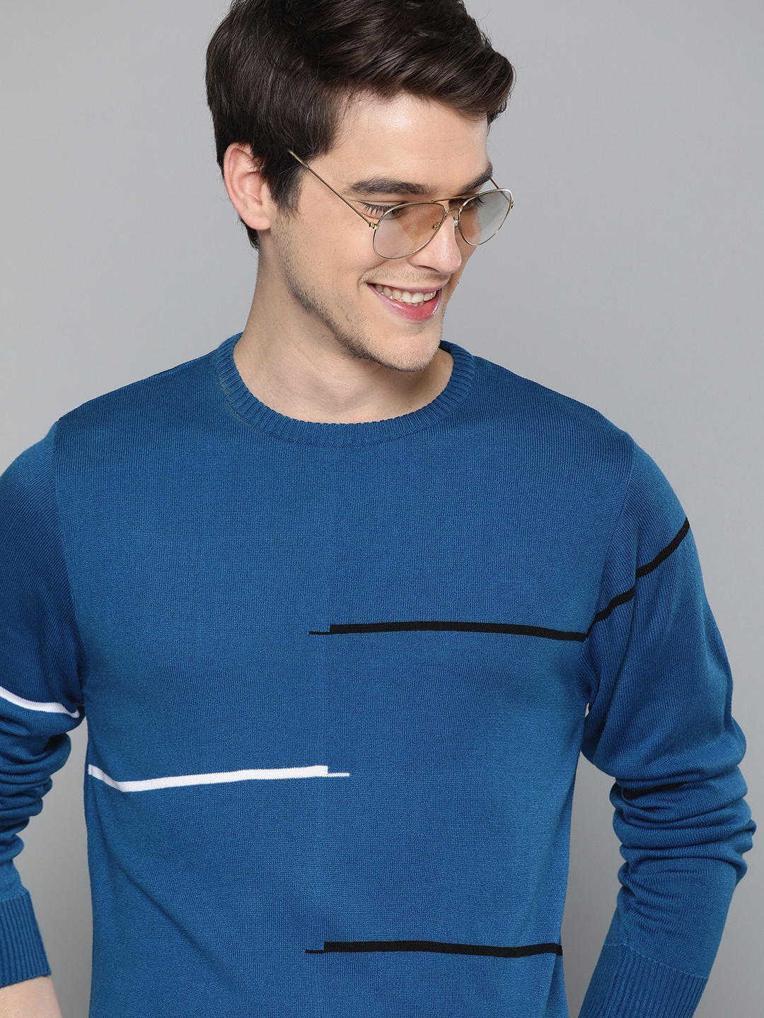 

Mast & Harbour Men Navy Blue & Black Self Design Sweater