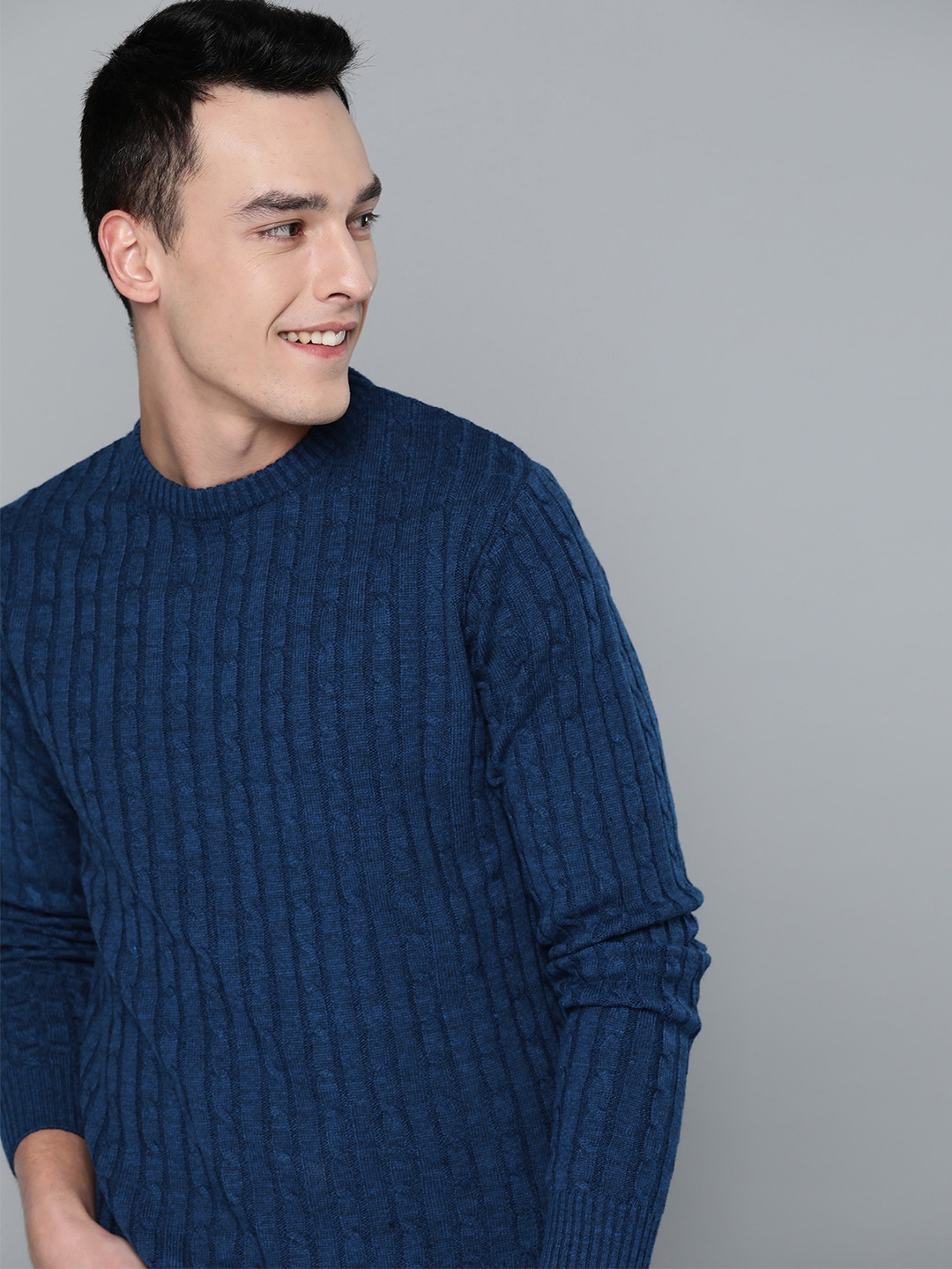

Mast & Harbour Men Navy Blue Self Striped Sweater