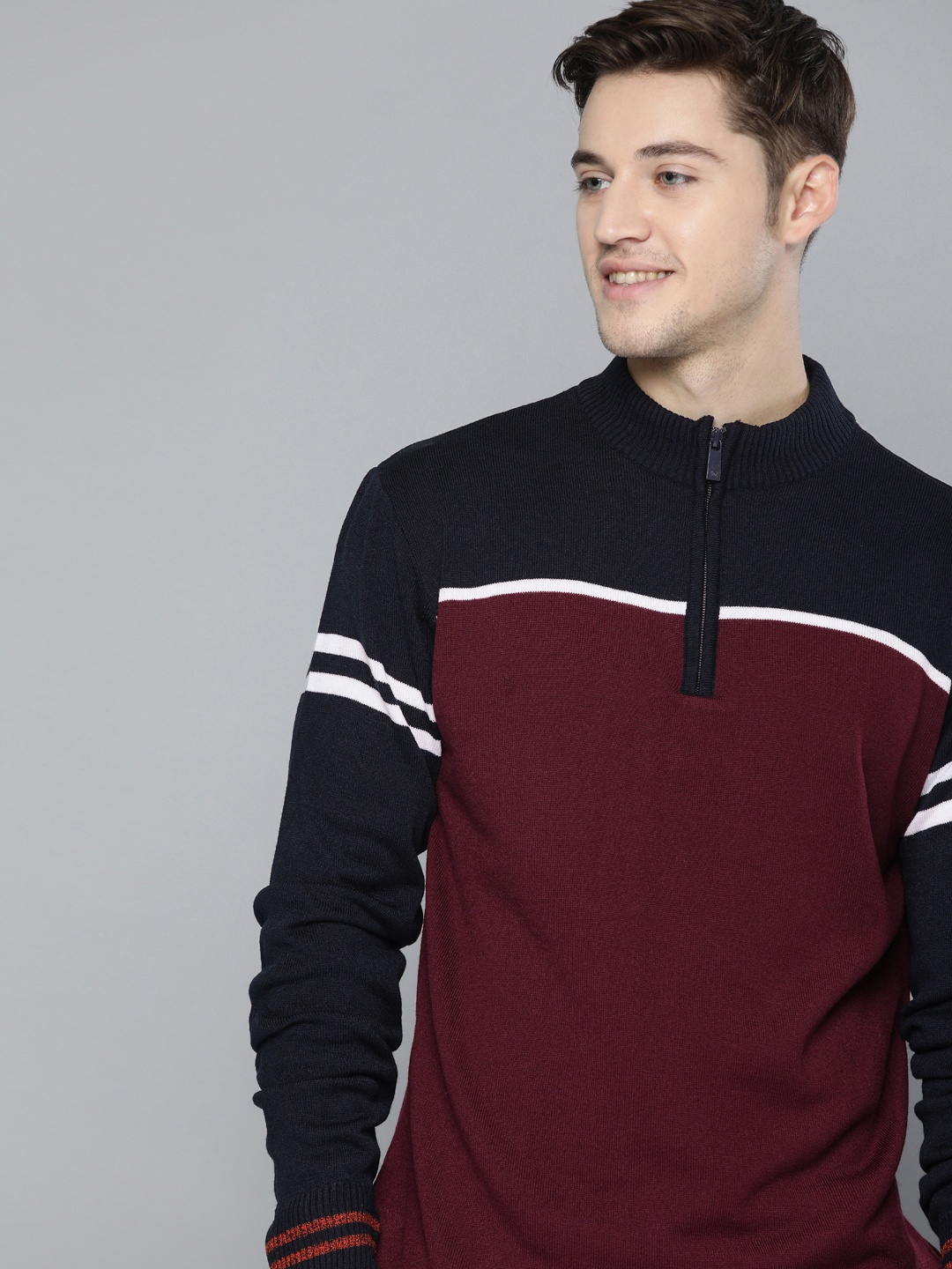 

Mast & Harbour Men Navy Blue & Maroon Colourblocked Sweater