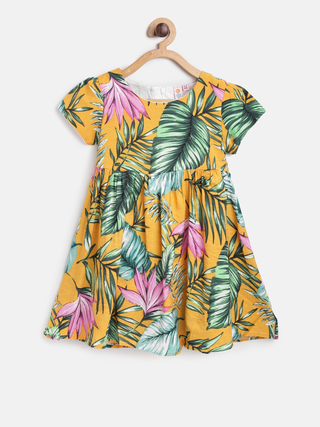 

Kids On Board Girls Mustard Yellow & Green Printed Fit & Flare Dress