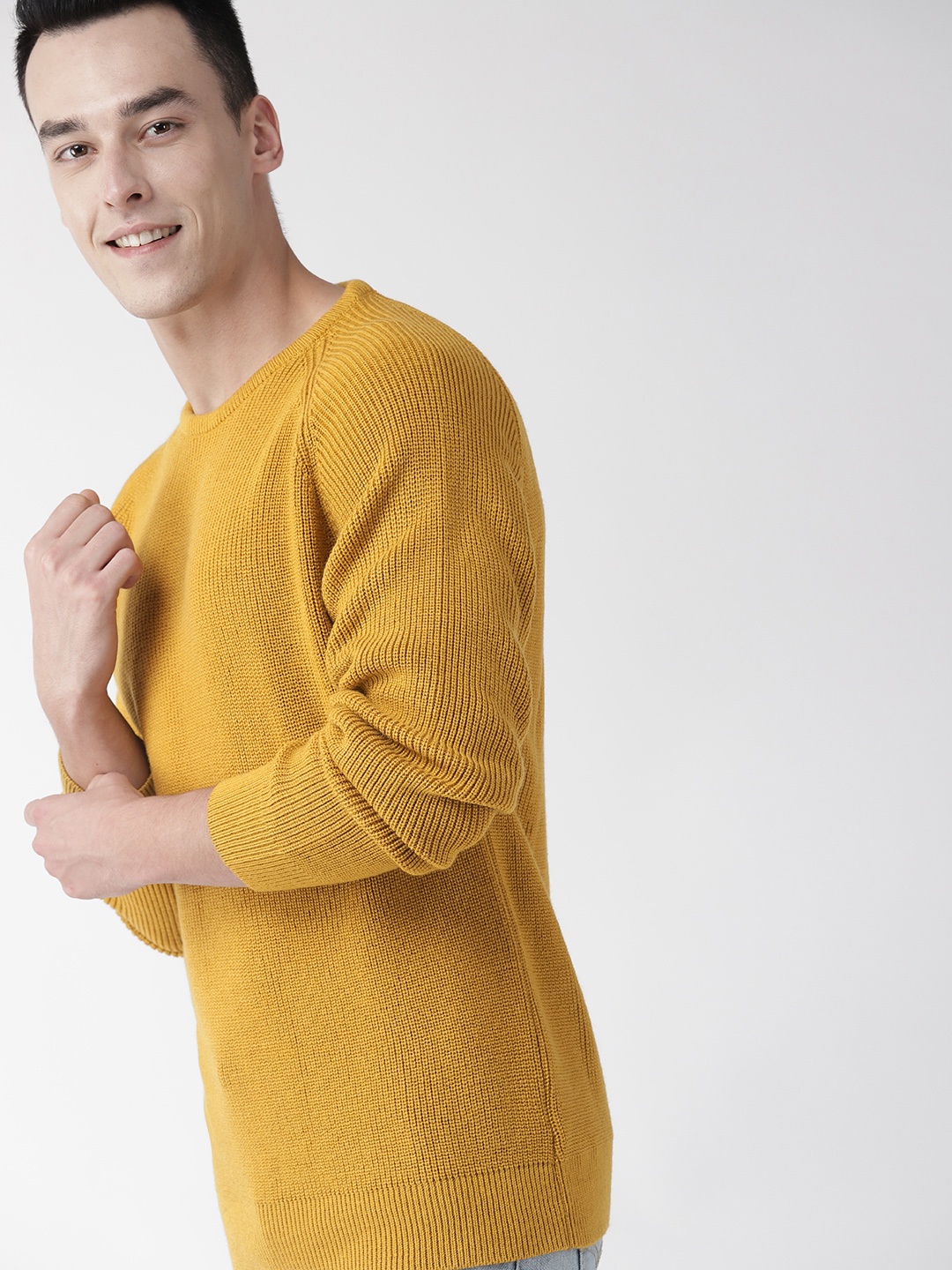 

Mast & Harbour Men Mustard Yellow Ribbed Sweater
