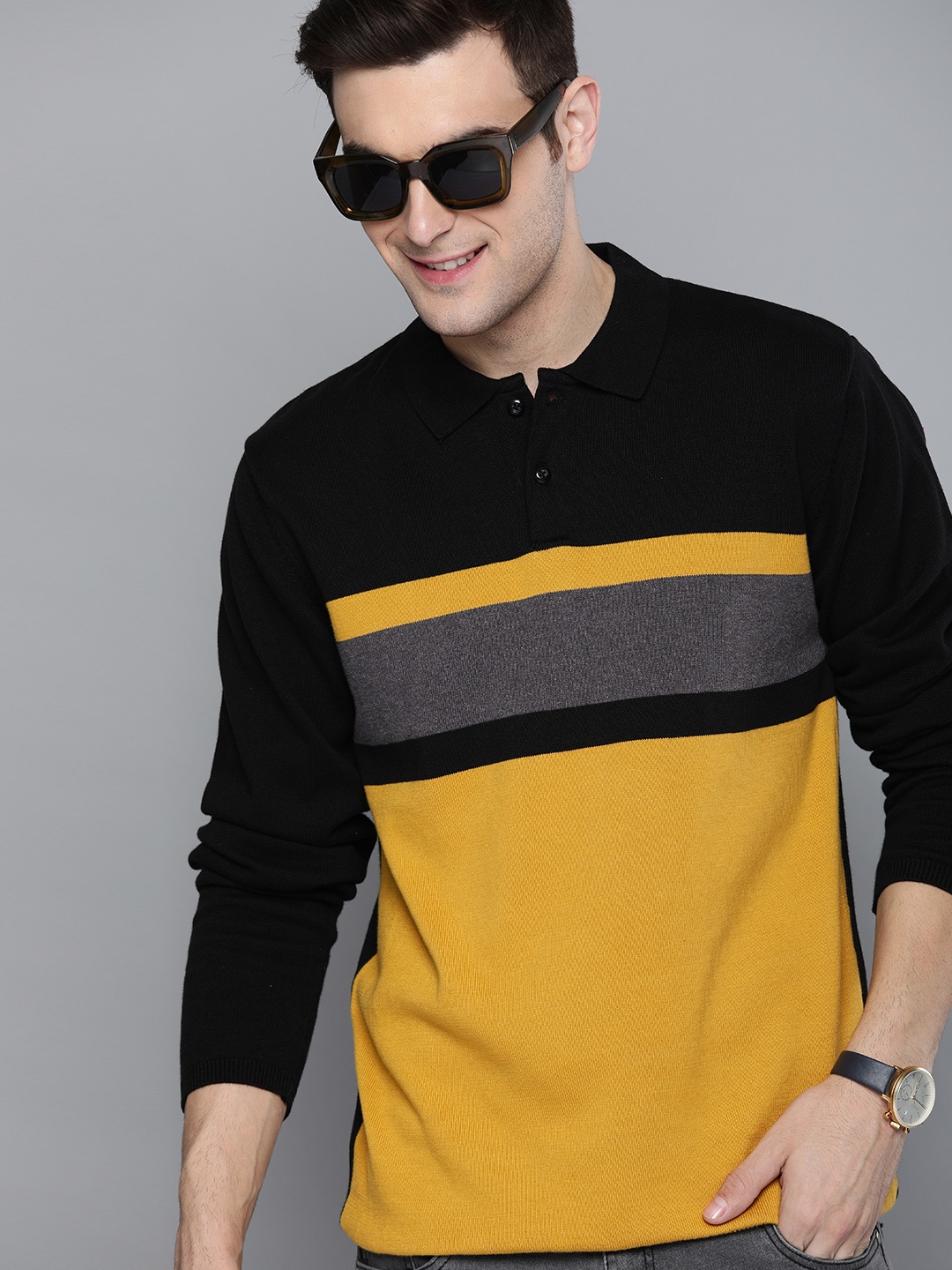 

Mast & Harbour Men Black & Mustard Colourblocked Polo Collar Sweater