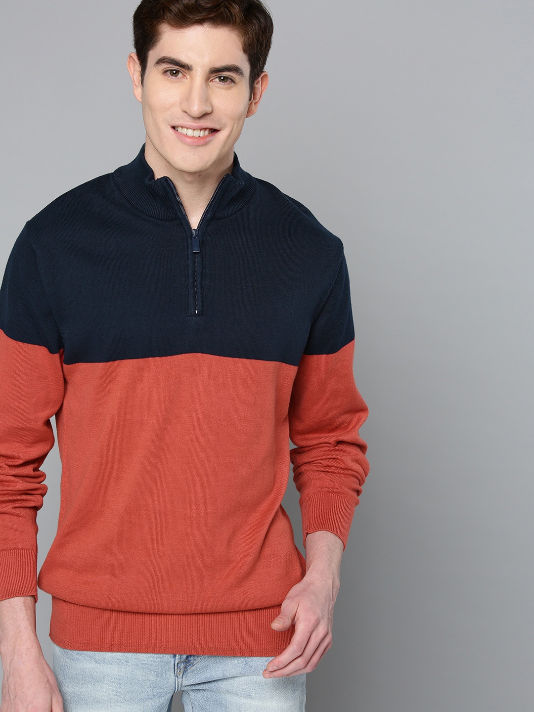 

Mast & Harbour Men Navy Blue & Orange Colourblocked Sweater