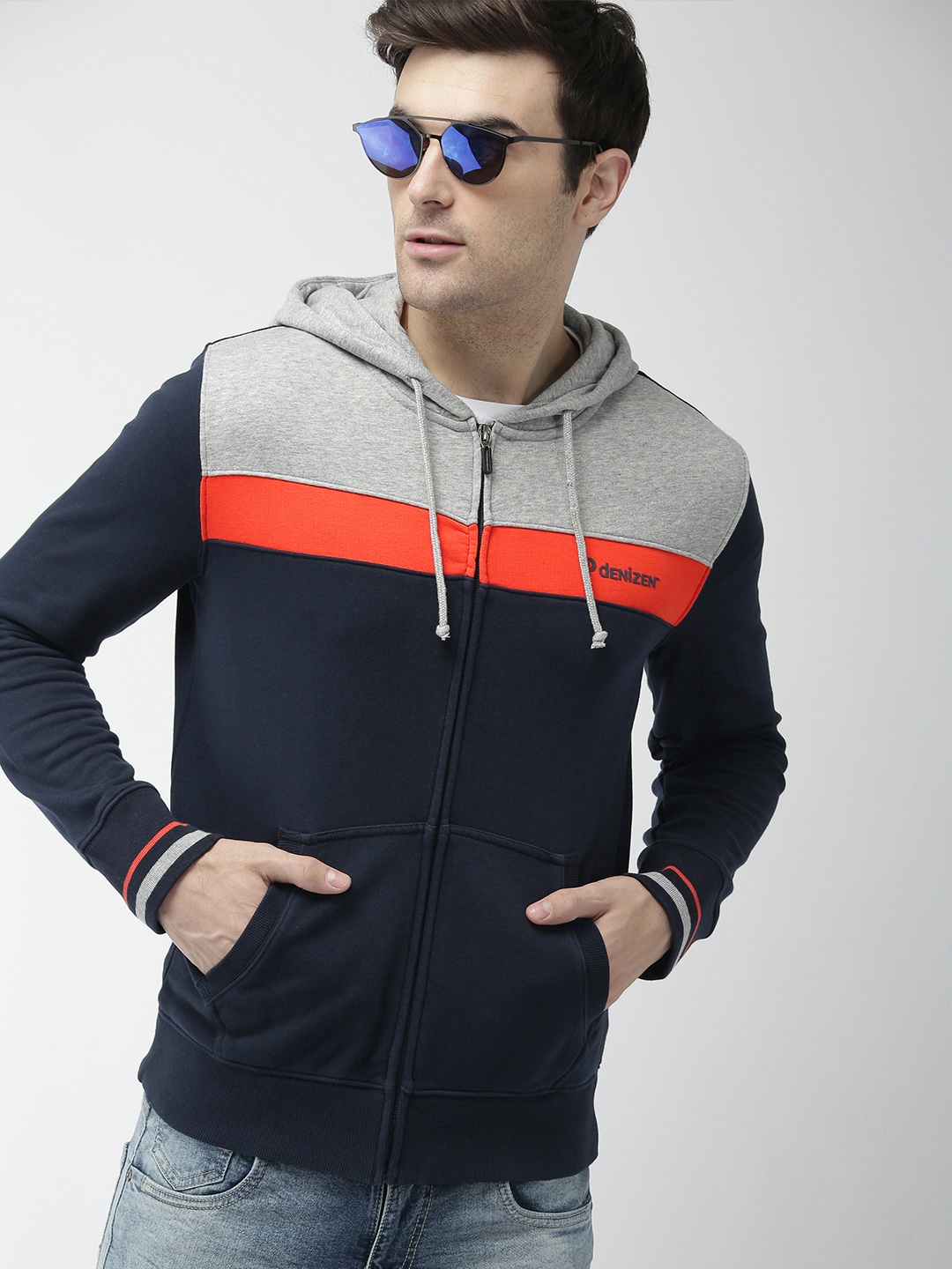

Denizen From Levis Men Navy Blue & Grey Colourblocked Hooded Sweatshirt