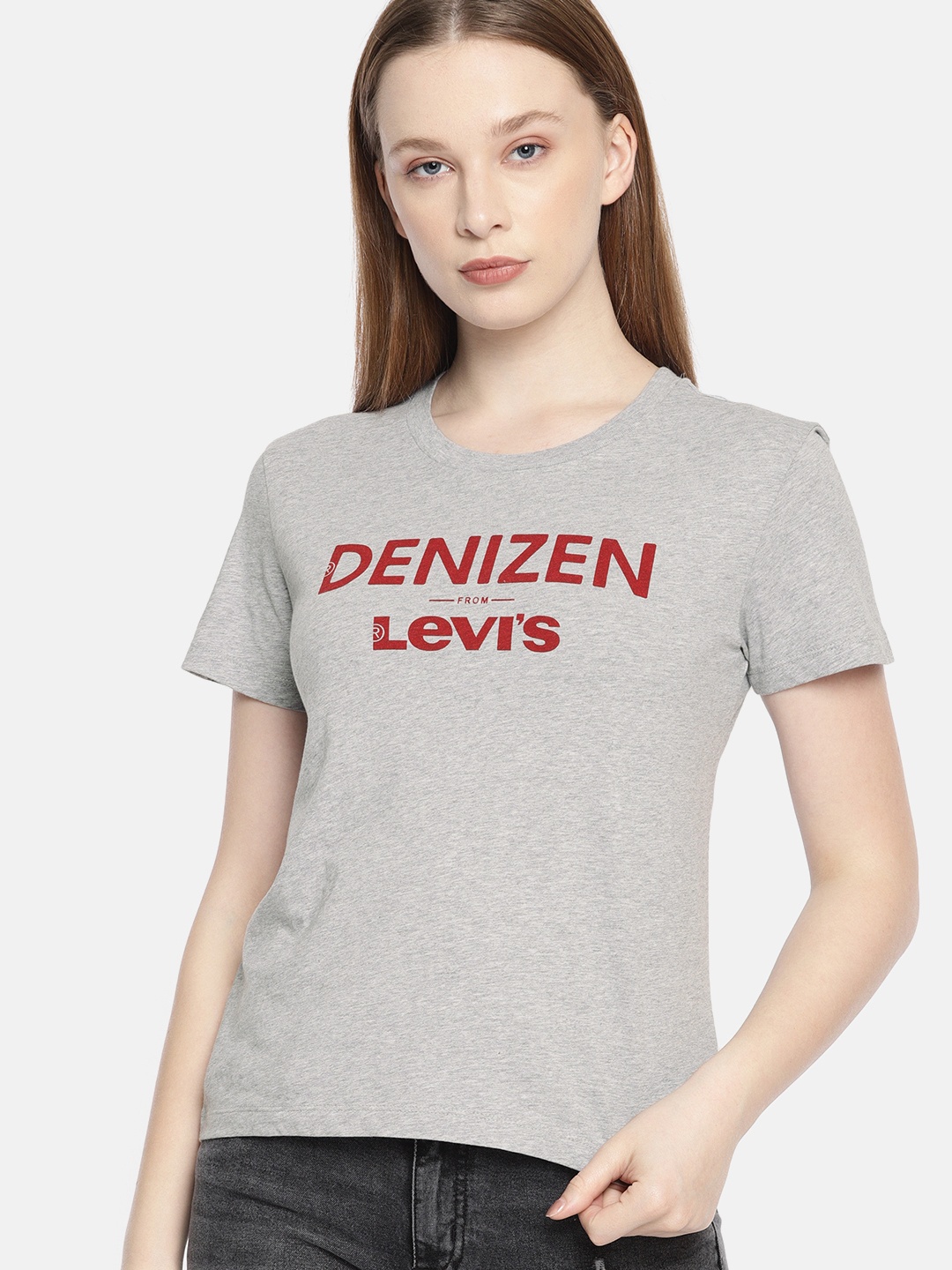 

Denizen From Levis Women Grey Melange Printed Round Neck Pure Cotton T-shirt