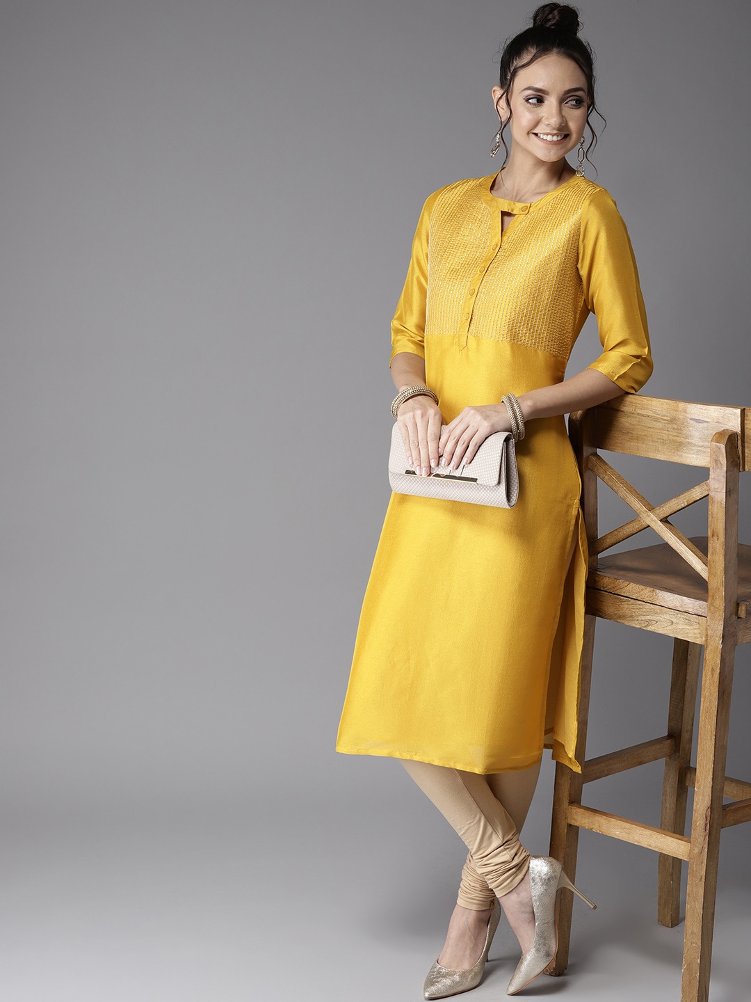 

HERE&NOW Women Mustard Yellow Yoke Design Straight Kurta