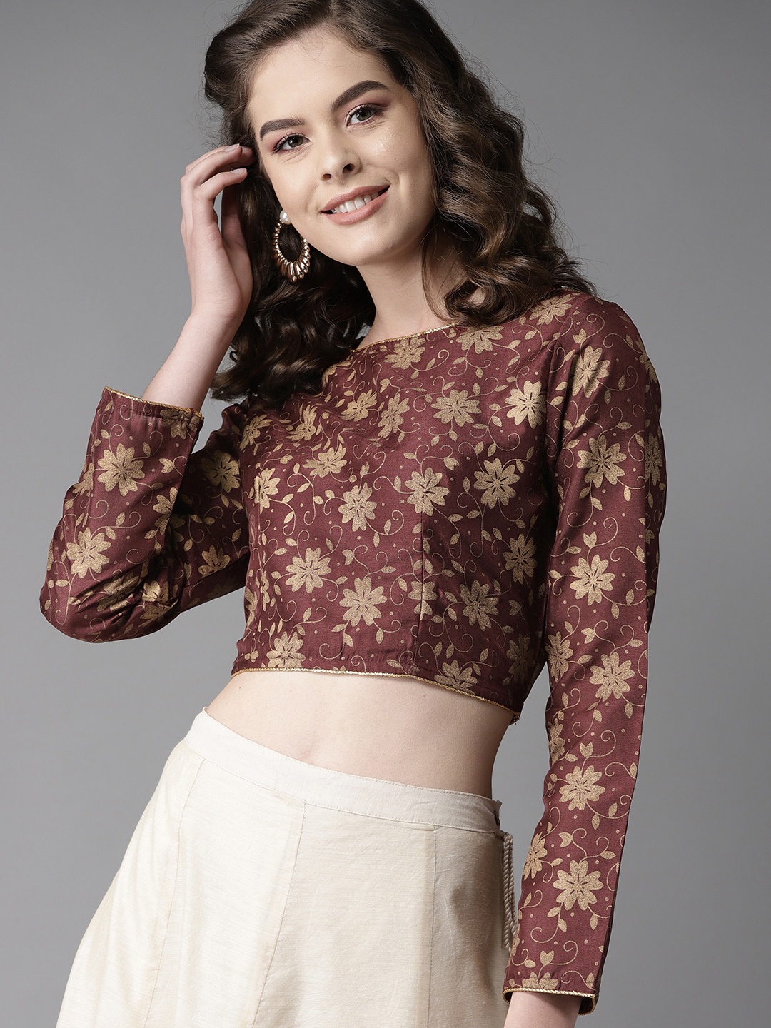 

HERE&NOW Women Maroon & Golden Printed Crop Top