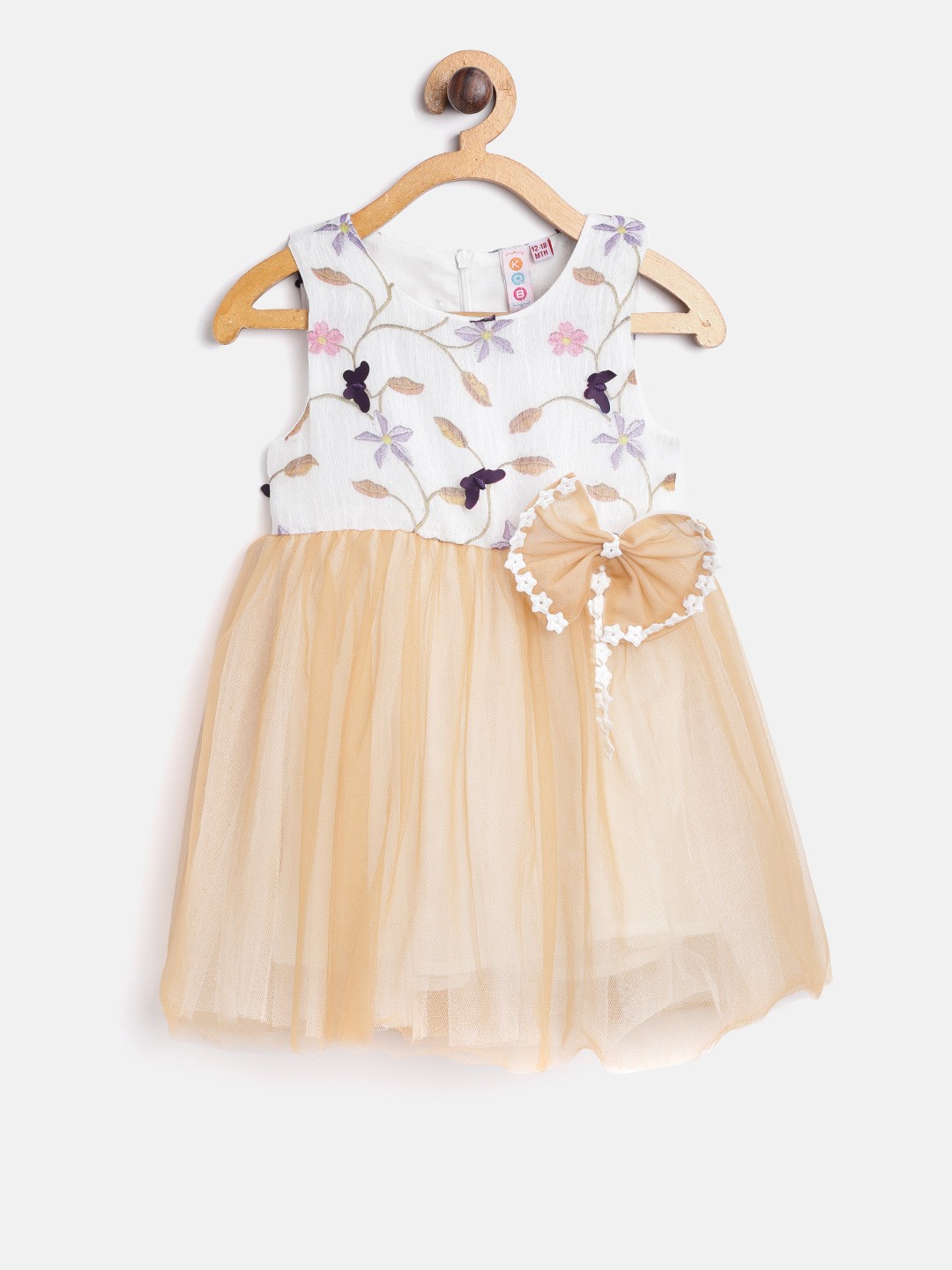 

Kids On Board Girls Beige & Off-White Floral Printed Net Fit & Flare Dress with Brooch