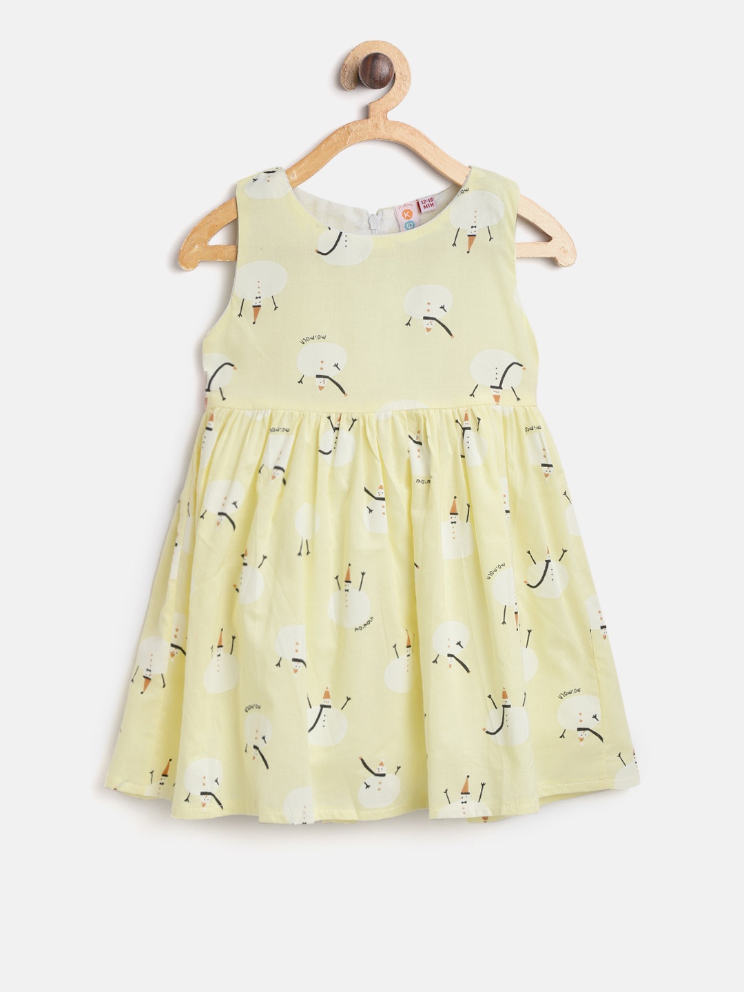 

Kids On Board Girls Yellow & Off-White Snow Man Printed Fit & Flare Dress