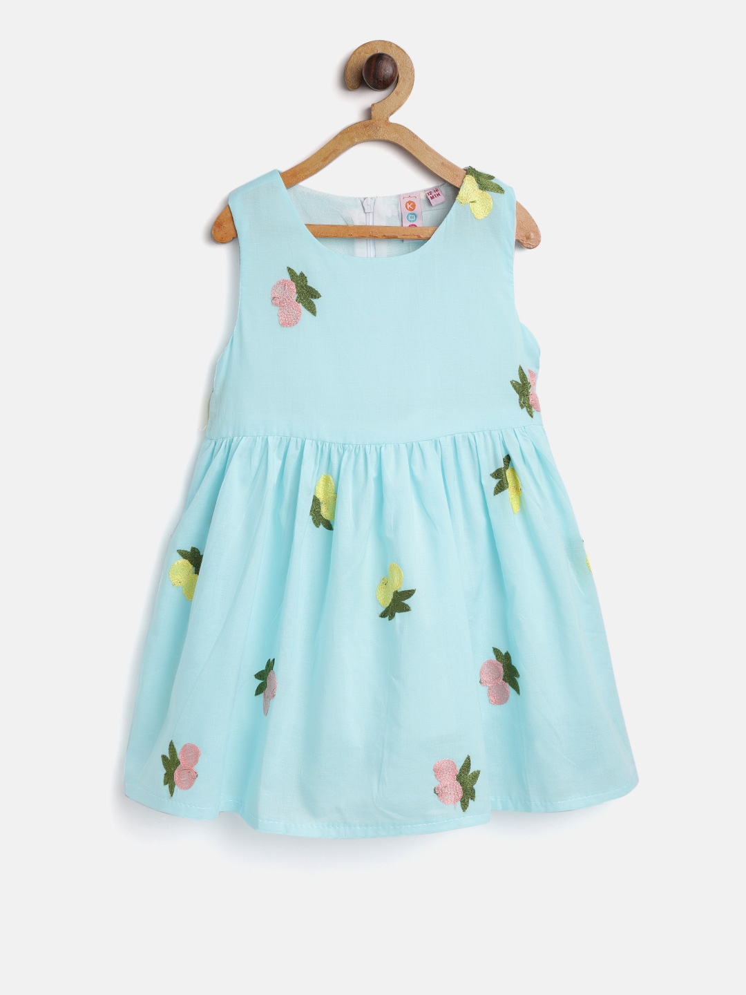 

Kids On Board Girls Blue & Green Fruit Embroidered A-Line Dress