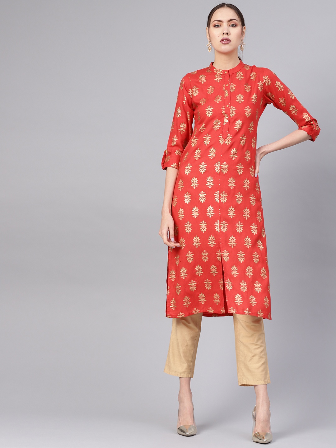 

Gerua By Libas Women Coral Red Golden Block Print Straight Kurta